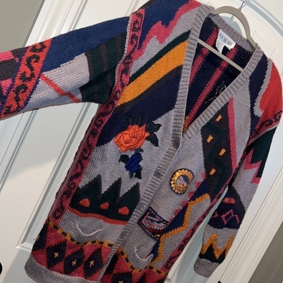 RETRO 80s chunky knit novelty funky patch sweater cardigan XL colorful kitsch - Picture 3 of 17